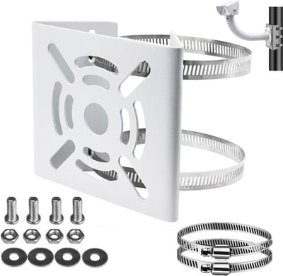 Beveiligingscamera-Beugel - Universele Verticale Paalmontagebeugel - Stevige Metalen Beugel - Met Bevestigingsring - Vlakke Paalbeugel - Metalen Beugell - Verticale Paaladapter - Geschikt Voor De Meeste Standaard Beveiligingscamera's - Wit