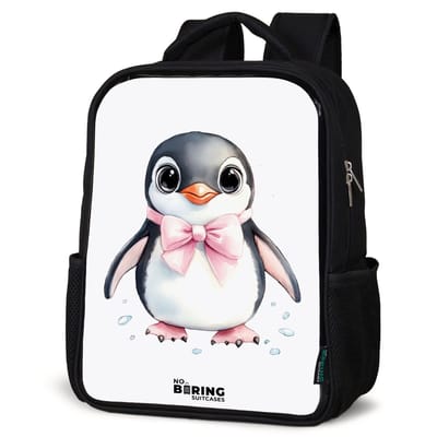 NoBoringSuitcases.com® - Rugzak zwart - Schooltas jongen & meisje - Pinguïn met roze strik en ijsdruppels - Rugtas voor school - Boekentas kind - Schoolrugzak - Kinderrugzak