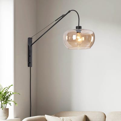 LumenXL - Wandlamp Dasha zwart met draaibare, uitschuifbare arm en amber glas