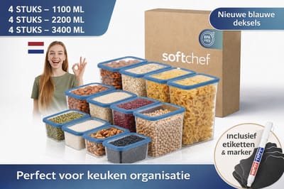 Soft Chef Viola 12-delige rechthoekige voedselbewaarset – BPA-vrij – stapelbaar – met blauwe deksels – 4×1100 ml + 4×2200 ml + 4×3400 ml – vaatwasserbestendig