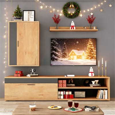 TV Wandmeubel - 140x35x39 cm - 3 Delige Set - Staand en Hangend - Modern - Houtkleur en Zwart