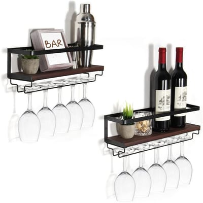 Thuys – Wijnrek Muur – Wijnrek – Hangend – Set Van 2 Wijnglasplanken – 12cm x 43cm x 13cm – Zwart