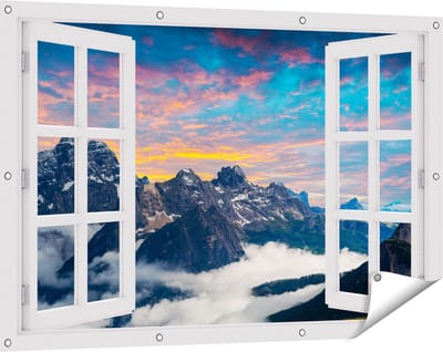 Gards Tuinposter Doorkijk Bergen Landschap met Wolken in Italië - 120x80 cm - Tuindoek - Tuindecoratie - Wanddecoratie buiten - Tuinschilderij
