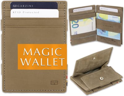 Garzini Portemonnee Heren, Leren Pasjeshouder RFID, Kaarthouder voor 7 Pasjes, Compacte Magic Wallet, Echt Leer Portefeuille met Muntvak, Grijs