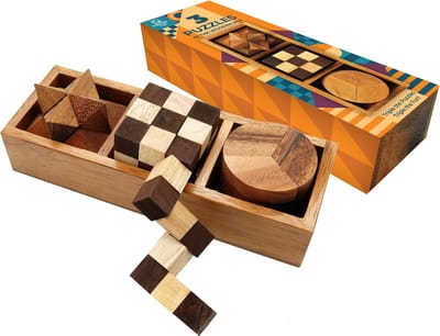 Houten Puzzel Set - Hersenkrakers Combinatiepuzzels - Cognitieve Ontwikkeling - 3 Verschillende Puzzels - 18.4 x 6.4 cm - Houtkleurig