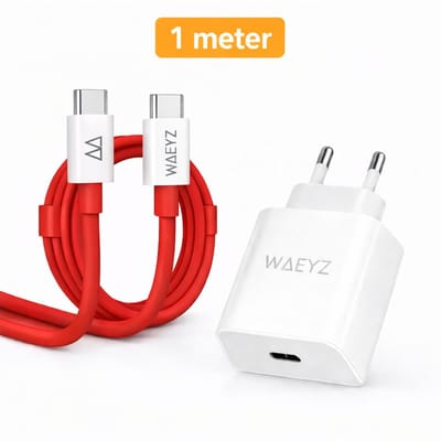 USB-C Adapter 20 Watt Oplader + 1 Meter 60W USB-C Naar USB-C Kabel Extra Dik Oplaadsnoer Snellader Power Delivery (PD) Snellader / Fast Charger / Chargeur Rapide SET - Universeel - Rood