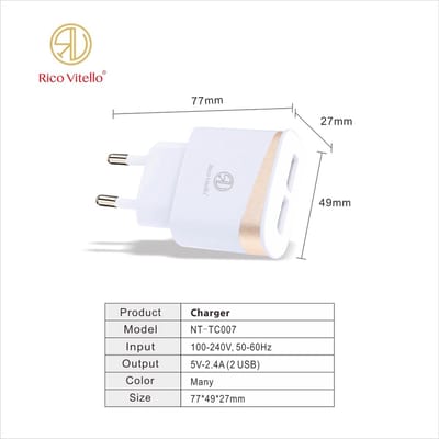 Oplader Rico Vitello, thuislader 2.4A  met 2 USB Wit , travel charger