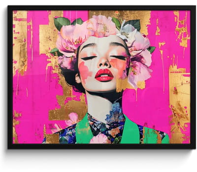 Poster in lijst - Fotolijst 70x50 cm - Posters - Bloemenkroon - Goud - Vrouw - Portret - Posterlijst zwart - Decoratie - Wanddecoratie woonkamer - Muurdecoratie slaapkamer