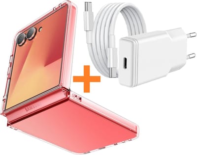 USB C Adapter oplader - 20W USB C Snellader met 1m Kabel - Hoesje Geschikt voor Samsung Galaxy Flip 7 Hoesje transparant Anti Shock silicone - Ntech COMBI-SET