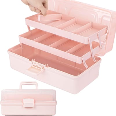 14 inch 3-laags multifunctionele opbergdoos voor knutselmaterialen, gereedschap en medicijnen - Plastic organizer voor haaraccessoires en naaibenodigdheden met 2 trays (Roze)