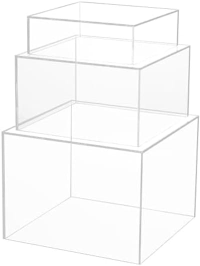 PromoHome Acryl Display Risers Set van 3 - Transparante In Elkaar Stapelbare Kubus Opstandsdisplay - Vierkante Opslagdozen voor Winkeldisplays en Thuisorganisatie - Klein, Medium, Groot Formaat