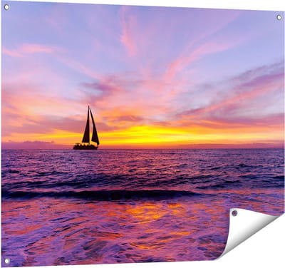 Gards Tuinposter Zeilboot Silhouet bij Zonsondergang - 100x80 cm - Tuindoek - Tuindecoratie - Wanddecoratie buiten - Tuinschilderij