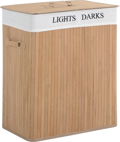 Wasmand - Wasbox - Bamboe wasmand - Wasmand met deksel – 100 Liter – 2 Vakken – Uitneembare waszak - PU handvatten - Badkamer - 52x32x63 cm - 1 Stuk - Natuur