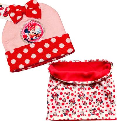 Minnie Mouse set / winterset - Muts + Colsjaal/Nekwarmer - Roze/Rood - Maat One Size (± 52 cm hoofdomtrek - ±2-4 jaar)