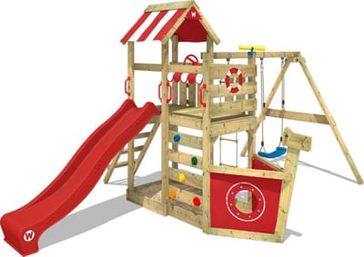 Wickey SeaFlyer Speeltoestel - Schommel en Touwladder met Glijbaan - Klimwand & Zandbak - 367x451x260 cm - Rood