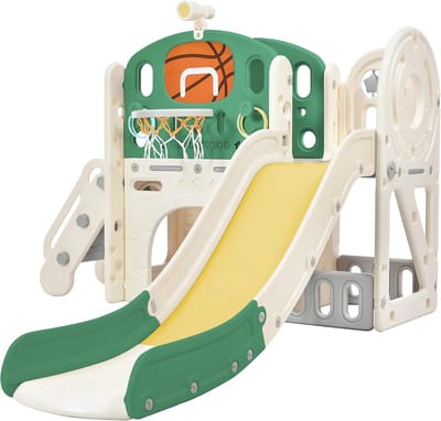 5-in-1 Kinderglijbaan voor Binnen en Buiten - Speeltoestel met Opbergruimte, Tunnel, Stepladder en Basketbalring