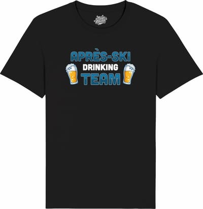 Après Ski Drinking Team - Grappige Apres Ski en Bier Wintersport Kleding - Mannen / Vrouwen / Unisex - Foute Ski en Snowboard Vakantie Cadeau - Unisex T-Shirt - Zwart - Maat 4XL