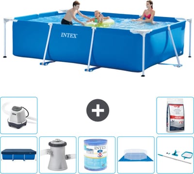 Intex Rechthoekig Frame Zwembad - 300 x 200 x 75 cm - Blauw - Inclusief Afdekzeil - Zwembadfilterpomp - Filter - Grondzeil - Schoonmaakset - Zoutwatersysteem - Zwembadzout - 8-delig