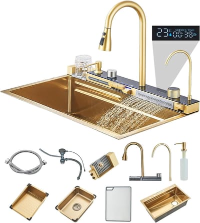 Keukenkraan, geïntegreerde slimme kraan, digitaal display, multifunctionele keukenkraanset, pianotoetsenbord-schakelmodus Geborsteld goud
