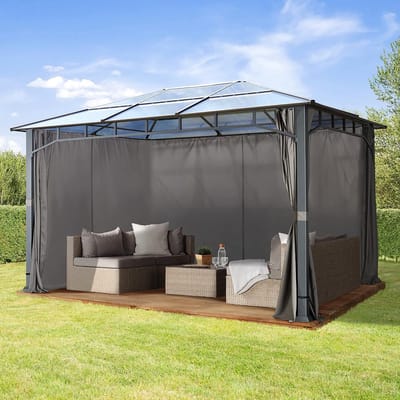 Tuinpaviljoen 3x4m Aluminium Hardtop met 8mm Polycarbonaat Dak – Waterdicht UV50+ met Zijpanelen – Luxe All-Weather Terrasoverkapping Leigrijs | Laura