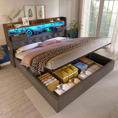 Pugsdrly Gestoffeerd bed 140 x 200 cm met hydraulische opbergruimte en LED-hoofdbord, 4 oplaadstations (USB/Type-C), tweepersoonsbed met lattenbodem, grijs linnen (zonder matras)