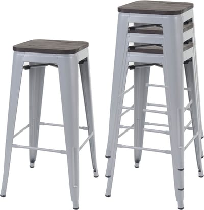 Set van 4 barkrukken MCW-A73 incl. houten zitting, barkruk tegenkruk, metaal industrieel ontwerp stapelbaar ~ grijs