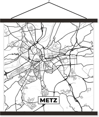 Posterhanger incl. Poster 60x60 cm - Schoolplaat - Frankrijk - Metz - Kaart - Plattegrond - Stadskaart - Zwart wit - Textielposter - Zwarte latten - Stadskaart