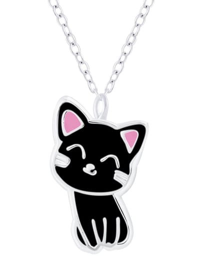 Joy|S - Zilveren kat poes hanger met ketting zwart