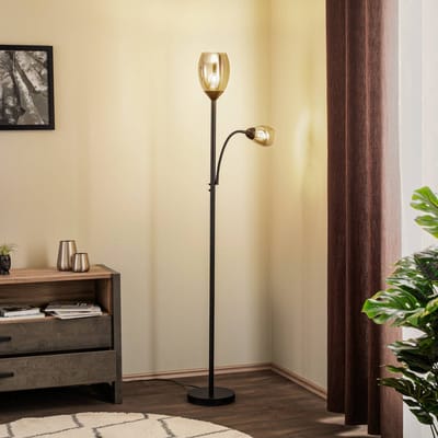 Lindby - vloerlamp - 2lichts - Staal, glas - H: 180 cm - E27 - matzwart, rook
