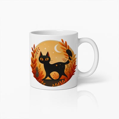 Zwarte Kat Herfst Mok – Betoverende Nachtelijke Koffiebeker met Halve Maan en Bladeren