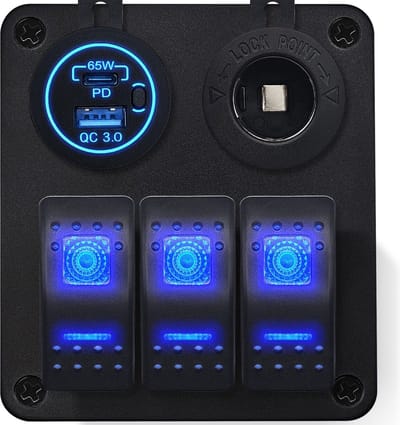 ProRide Schakelpaneel 12V voor Auto/Boot - USB C Lader 2 poorten met Sigaretten stopcontact - 65W/QC3.0 - 3 schakelaars