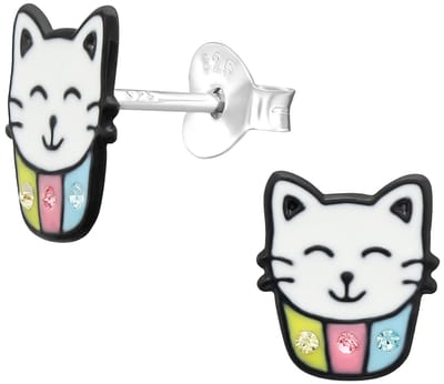 Joy|S - Zilveren kat in cupcake oorbellen - 8 x 9 mm - kristal - kinderoorbellen
