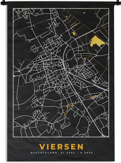 Wandkleed - Wanddoek - Black and Gold – Stadskaart – Viersen – Duitsland – Plattegrond – Kaart - 120x180 cm - Wandtapijt