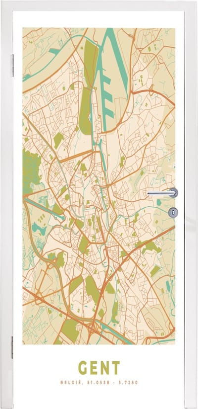 Deursticker Gent - Kaart - Stadskaart - Plattegrond - Vintage - 95x235 cm - Deurposter