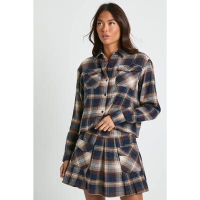 boohoo Dames Checkprint longline boxy crop shirt | Brown | Maat: 6