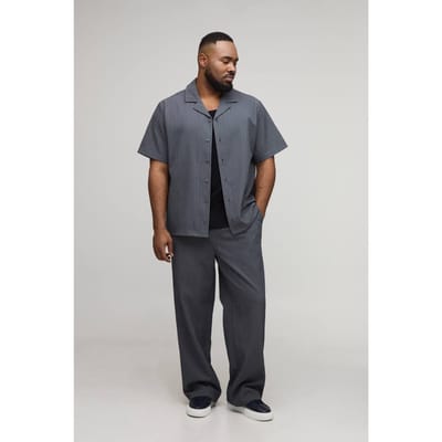 Plus Getextureerde Regular Revere Shirt & Relaxed Broek Set | Slate | Size 2XL