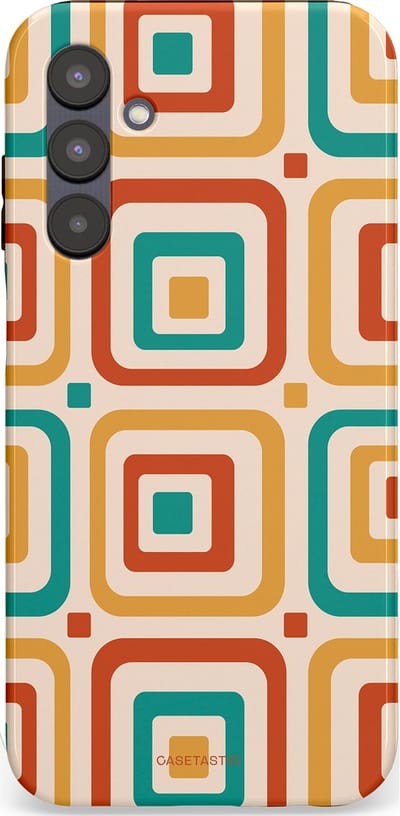 Casetastic hoesje geschikt voor Samsung Galaxy A25 - Dubbellaagse bescherming - Retro Vierkant verlangen - Fashion Case - Crème Terracotta Goud Turquoise