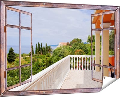 Gards Tuinposter Doorkijk Terras in Toscane - 150x100 cm - Tuindoek - Tuindecoratie - Wanddecoratie buiten - Tuinschilderij