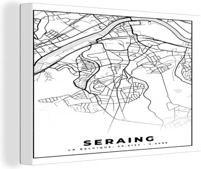Canvas Schilderij Zwart Wit – België – Plattegrond – Stadskaart – Kaart – Seraing - 30x20 cm - Wanddecoratie