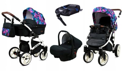 BabyLux® Kinderwagen 4in1 – OPTIMAL - COLORFUL FEATHERS WHITE FRAME - Opklapbare Wandelwagen incl. Reiswieg, Multifunctionele Buggy Sportstoel, Autostoel, ISOFIX basisstation - Combi-kinderwagen met Luiertas, Regenhoes, Klamboe