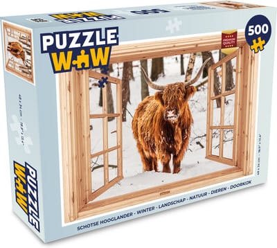Puzzel Schotse Hooglander - Winter - Landschap - Natuur - Dieren - Doorkijk - Legpuzzel - Puzzel 500 stukjes
