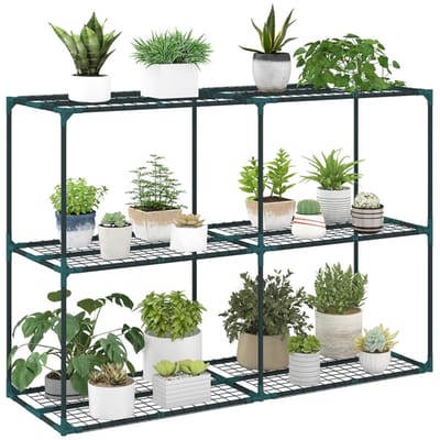 Daity Drielaags plantenrek, 100 cm hoog, met schappen, meerlaagse stalen constructie, donkergroen.