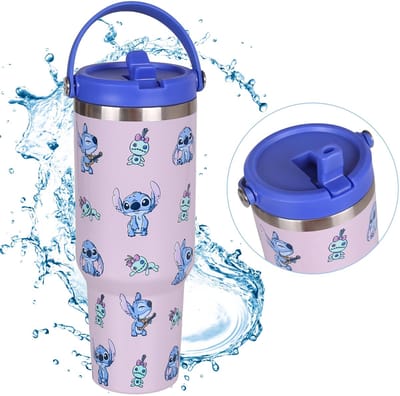 Disney Stitch Grote thermische mok met deksel en mondstuk, roestvrij staal, reismok met handvat 1,18l