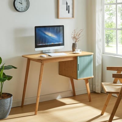 Bureau met Kast - Werktafel Bureau - Thuiswerken Kantoor - Schuifdeur Opbergruimte - 105x48x75 cm - Naturel Blauw
