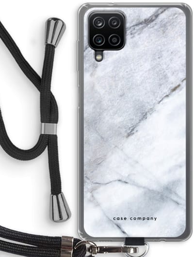 Hoesje met koord geschikt voor Samsung Galaxy A12 hoesje met Koord - Witte marmer - Telefoonhoesje met Zwart Koord - Bescherming aan alle Kanten en Over de Schermrand