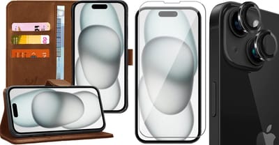 Hoesje geschikt voor iPhone 15 - Screenprotector GlassGuard & Camera Lens Screen Protector Zwart - Book Case Kunstleer Pasjeshouder Bruin