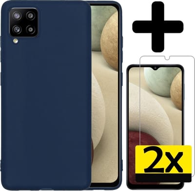 Hoesje - Met 2x Screenprotector - Geschikt voor Samsung Galaxy A12 - Sterk & Shockproof - Back Cover - Siliconen Case - Telefoon Hoes - Telefoonhoesjes - Donkerblauw