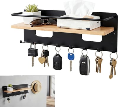 Solidchoice - Sleutelhanger met Plank, Houten Sleutelkastje met 8 Haken