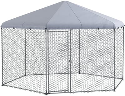 Merax Kippenren Met Overkapping 400x346x263 cm – Grote Buitenren Voor 10-15 Kippen – Kippenhok Van Staal Met Deur En UV-bescherming – Grijs
