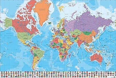Wereldkaart Poster met Vlaggen in het Frans - 91,5 x 61 cm